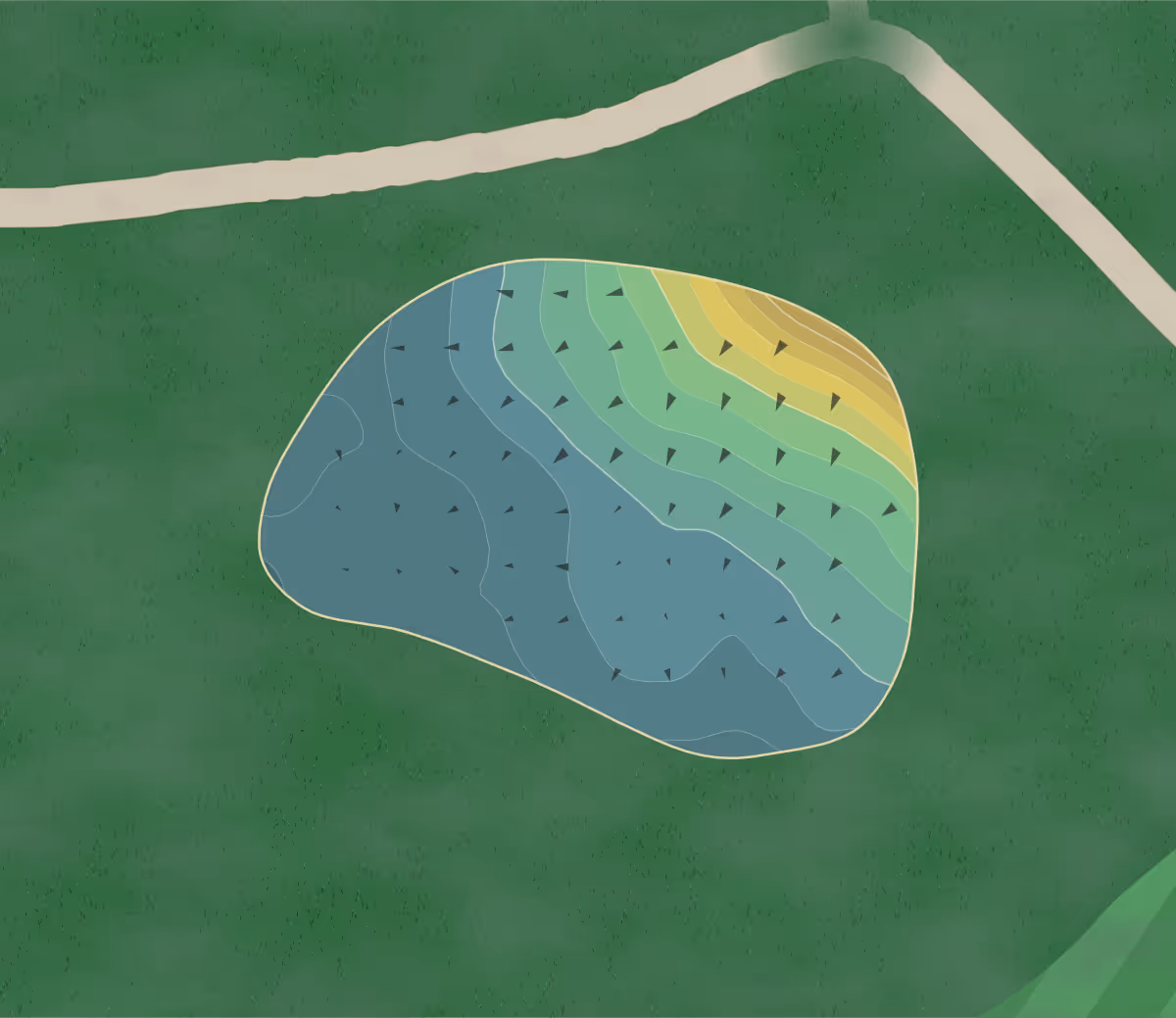 Green contour map of Stonycroft Hills in Bloomfield Hills, Michigan — 101 elevation contours at a 3-inch interval with fall-line arrows, traced from 1-meter lidar