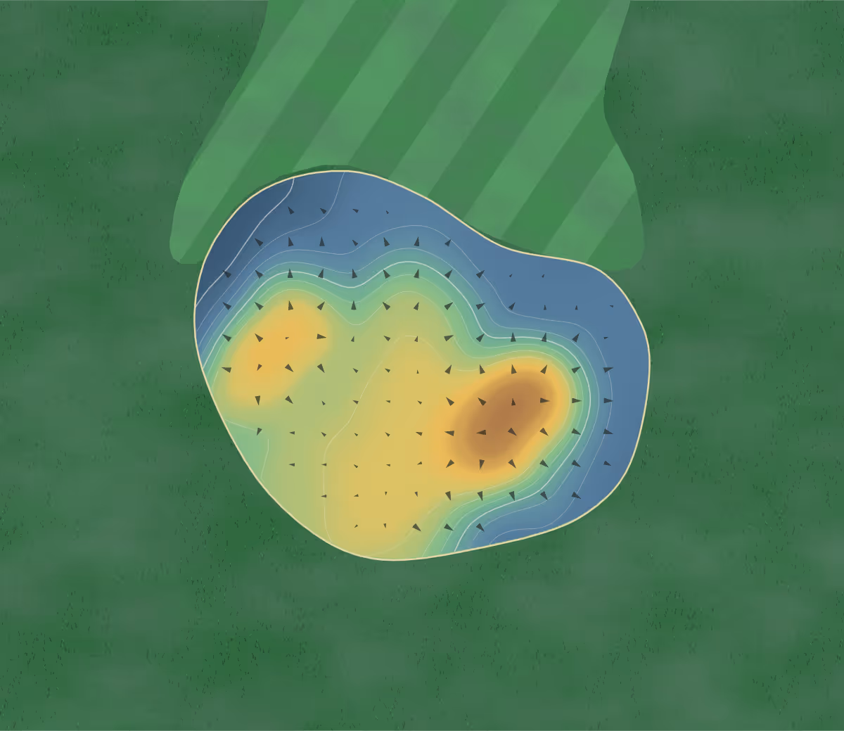 Green contour map of Stoughton CC in Stoughton, Canada: 36 elevation contours at a 8-centimeter interval with fall-line arrows, traced from 1-meter lidar
