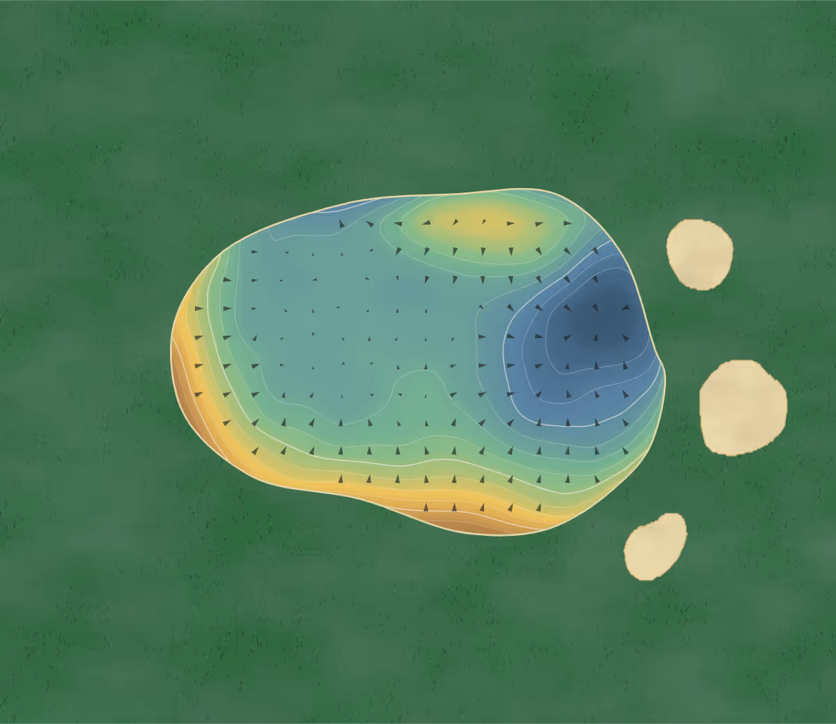 Green contour map of Strandhill in Strandhill, Ireland: 201 elevation contours at a 8-centimeter interval with fall-line arrows, traced from 1-meter lidar