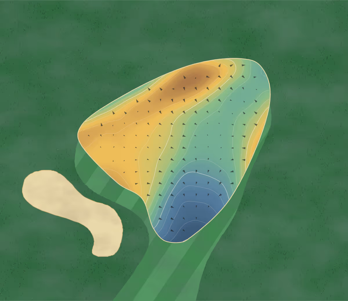 Green contour map of Stratford CC in Stratford, Canada: 177 elevation contours at a 8-centimeter interval with fall-line arrows, traced from 1-meter lidar