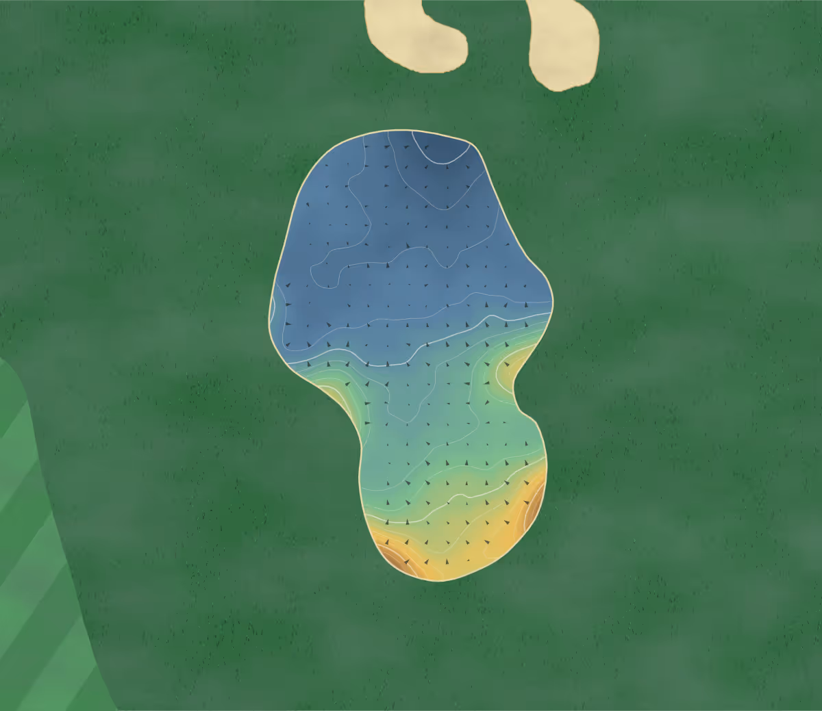Green contour map of Strathmore in Blairgowrie, Scotland — 164 elevation contours at a 8-centimeter interval with fall-line arrows, traced from 1-meter lidar