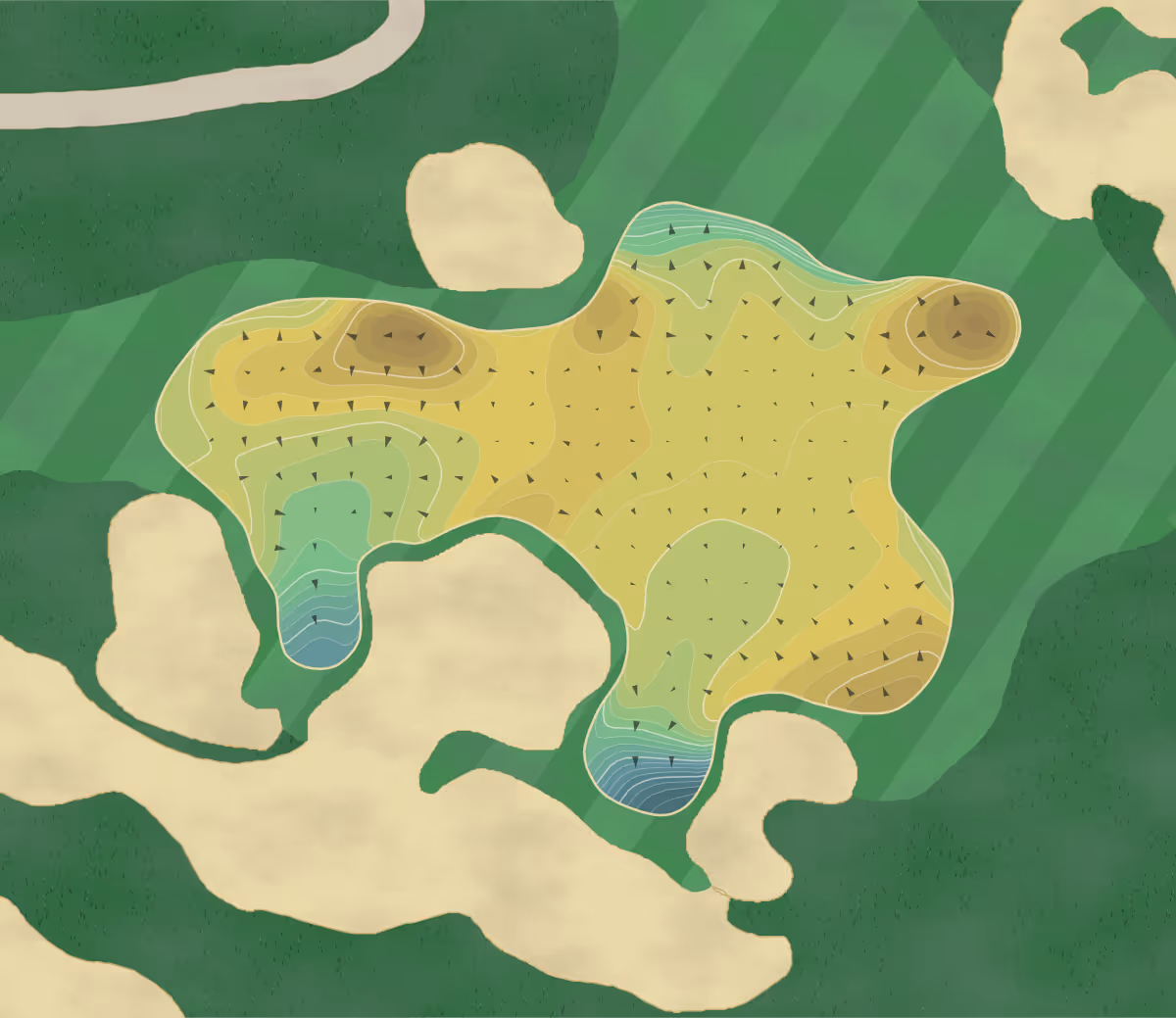 Green contour map of Streamsong Black in Streamsong, Florida — 470 elevation contours at a 3-inch interval with fall-line arrows, traced from 1-meter lidar