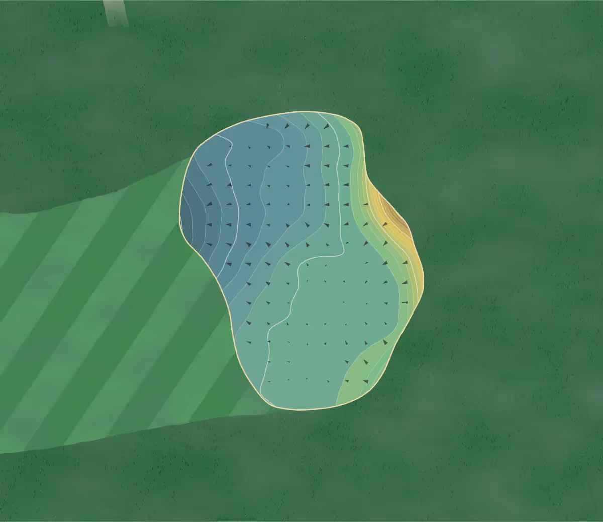 Green contour map of Studley Wood in Oxford, England — 151 elevation contours at a 8-centimeter interval with fall-line arrows, traced from 1-meter lidar