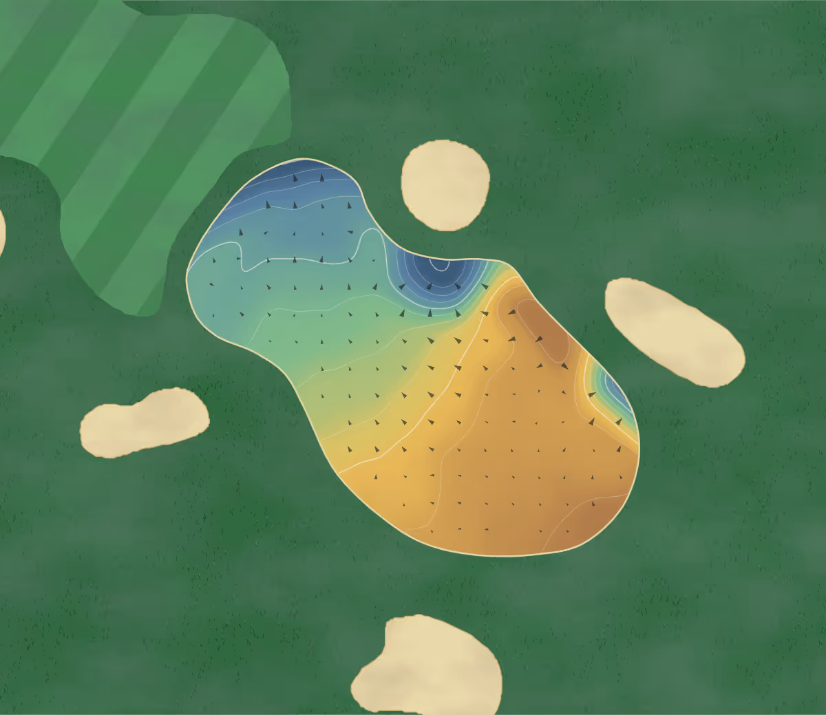 Green contour map of Styal in Styal, England — 195 elevation contours at a 8-centimeter interval with fall-line arrows, traced from 1-meter lidar