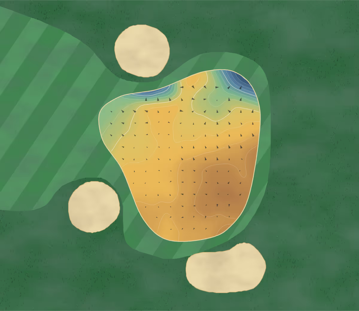 Green contour map of Styrrup Hall in Doncaster, England — 110 elevation contours at a 8-centimeter interval with fall-line arrows, traced from 1-meter lidar