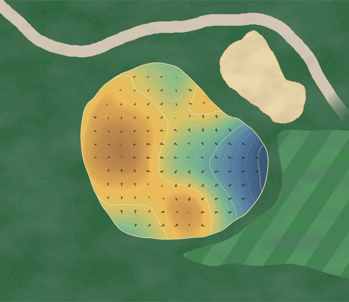 Green contour map of Sugar Isle in New Carlisle, Ohio: 189 elevation contours at a 3-inch interval with fall-line arrows, traced from 1-meter lidar