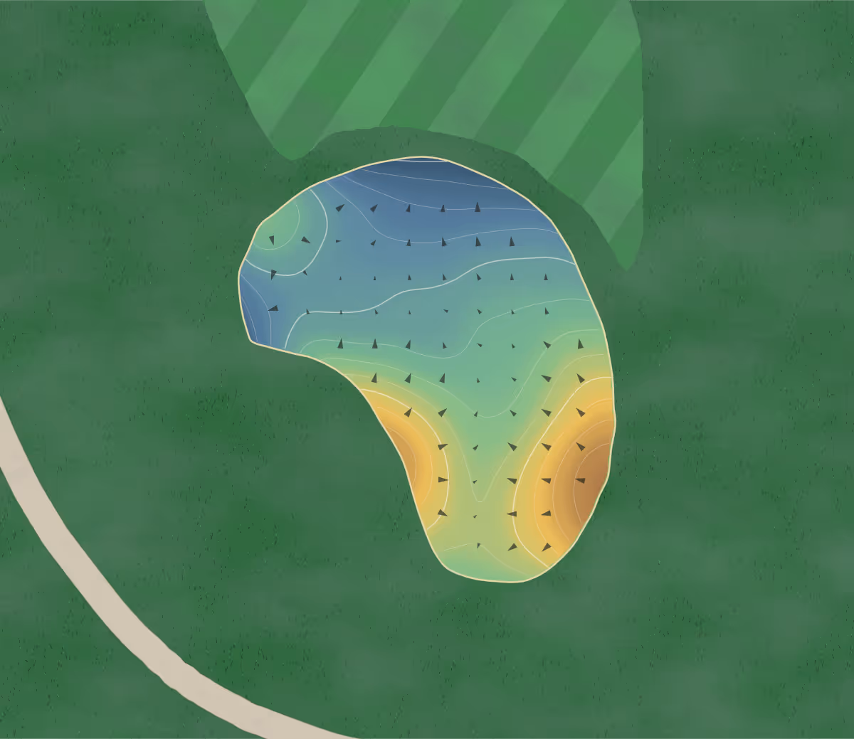 Green contour map of Sugar Isle in New Carlisle, Ohio — 83 elevation contours at a 3-inch interval with fall-line arrows, traced from 1-meter lidar