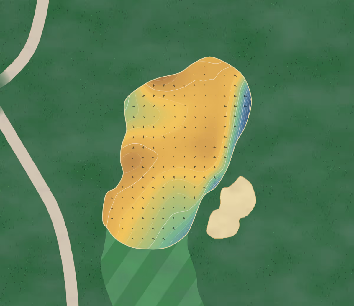 Green contour map of Summerland Golf Club in Summerland, Canada — 233 elevation contours at a 8-centimeter interval with fall-line arrows, traced from 1-meter lidar