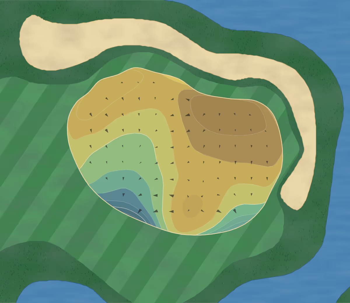 Green contour map of Hidden Cypress in Bluffton, South Carolina — 186 elevation contours at a 3-inch interval with fall-line arrows, traced from 1-meter lidar