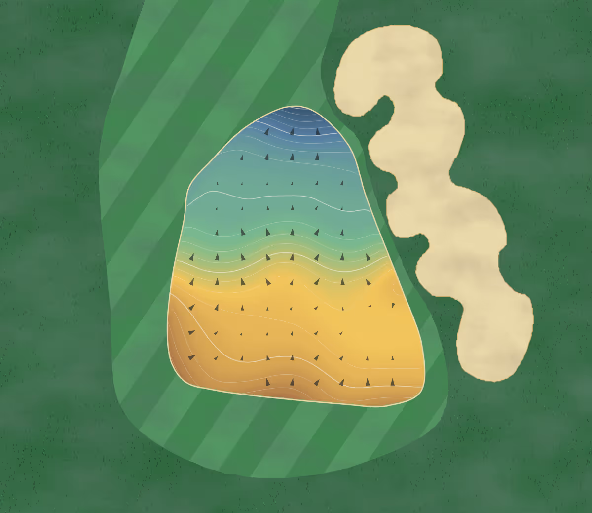Green contour map of Sun City Peachtree Golf Club in Griffin, Georgia — 76 elevation contours at a 3-inch interval with fall-line arrows, traced from 1-meter lidar