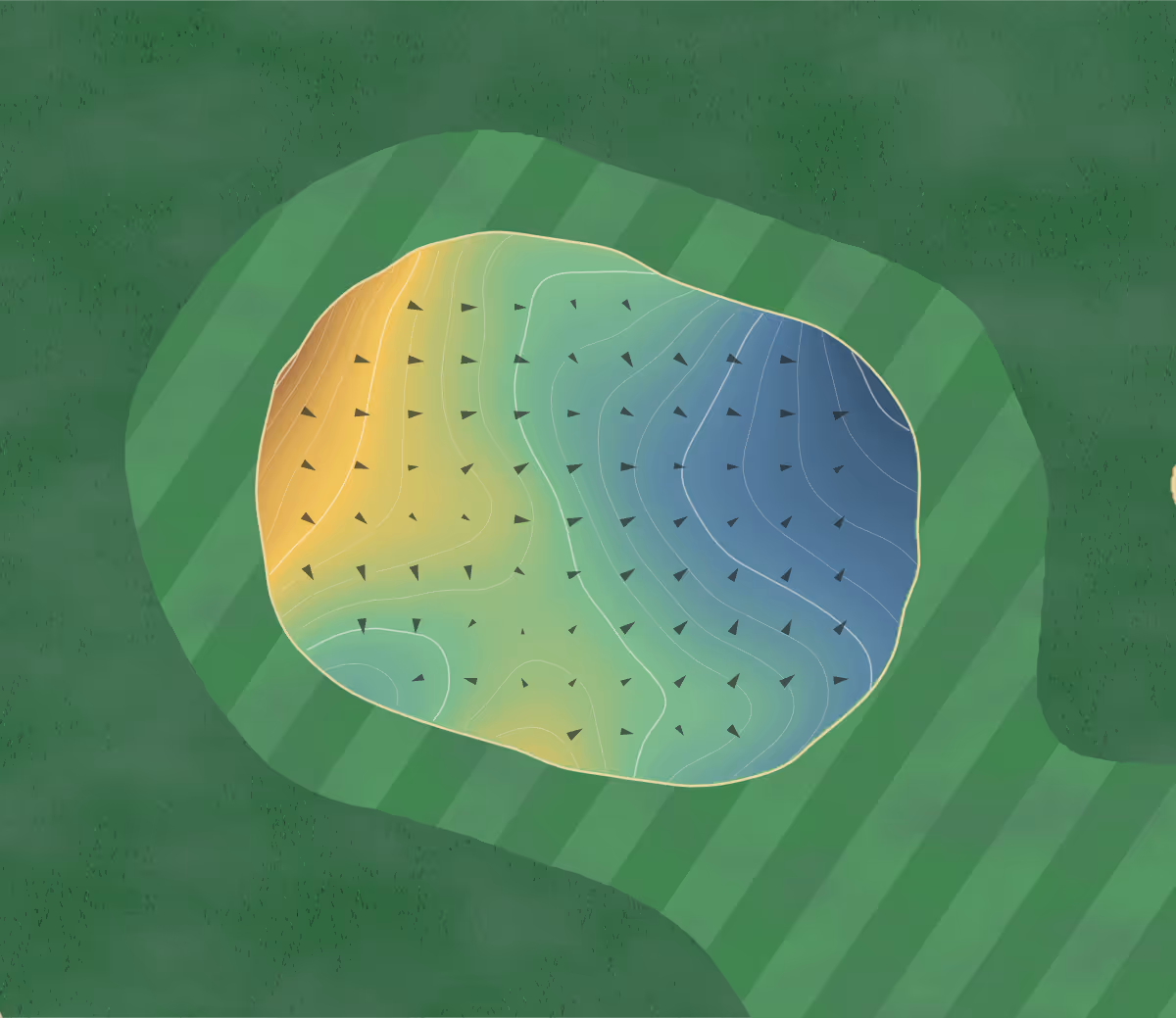 Green contour map of Sun River in St. George, Utah — 203 elevation contours at a 3-inch interval with fall-line arrows, traced from 1-meter lidar