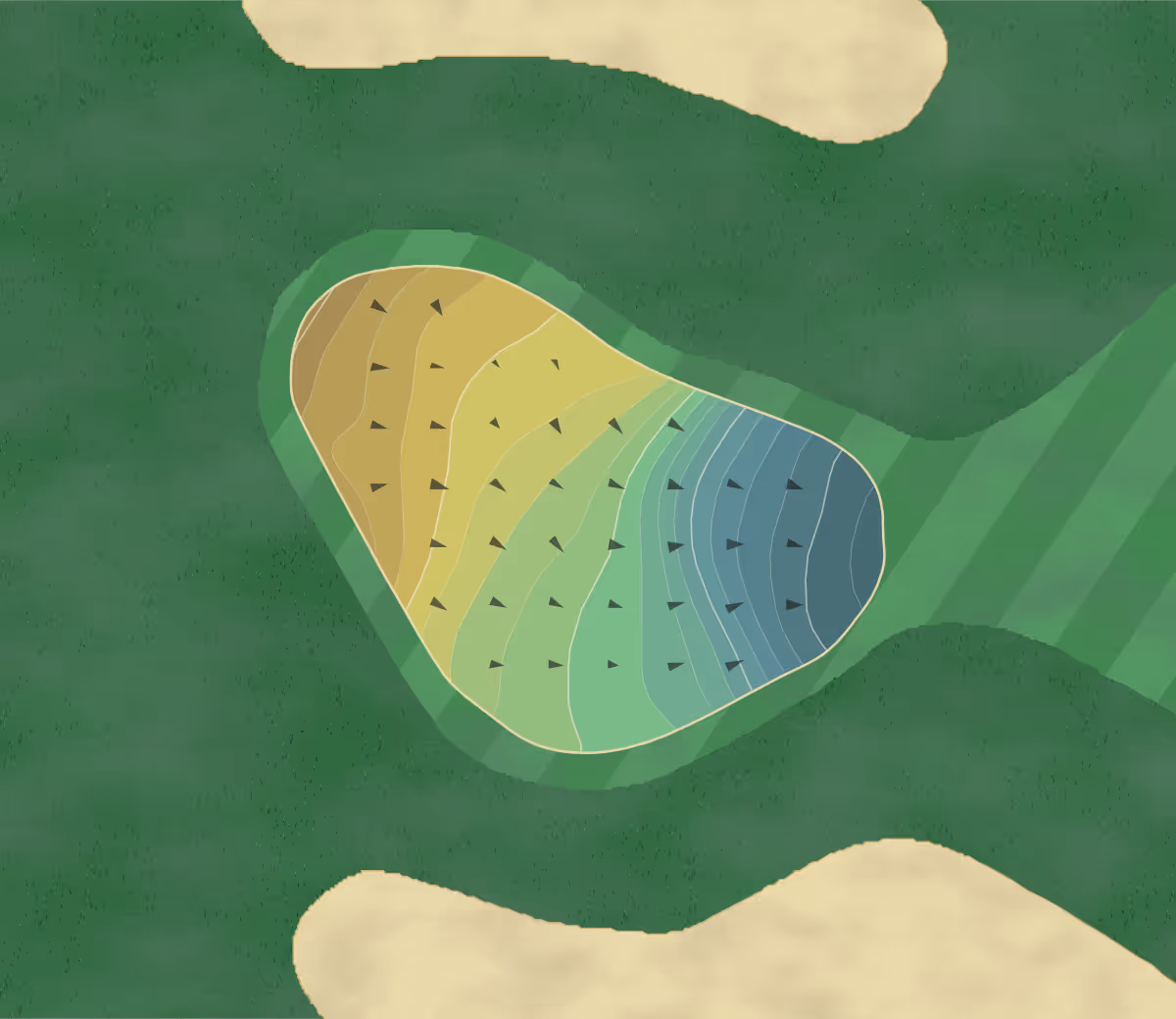Green contour map of Suneagles GC in Fort Monmouth, New Jersey — 207 elevation contours at a 3-inch interval with fall-line arrows, traced from 1-meter lidar