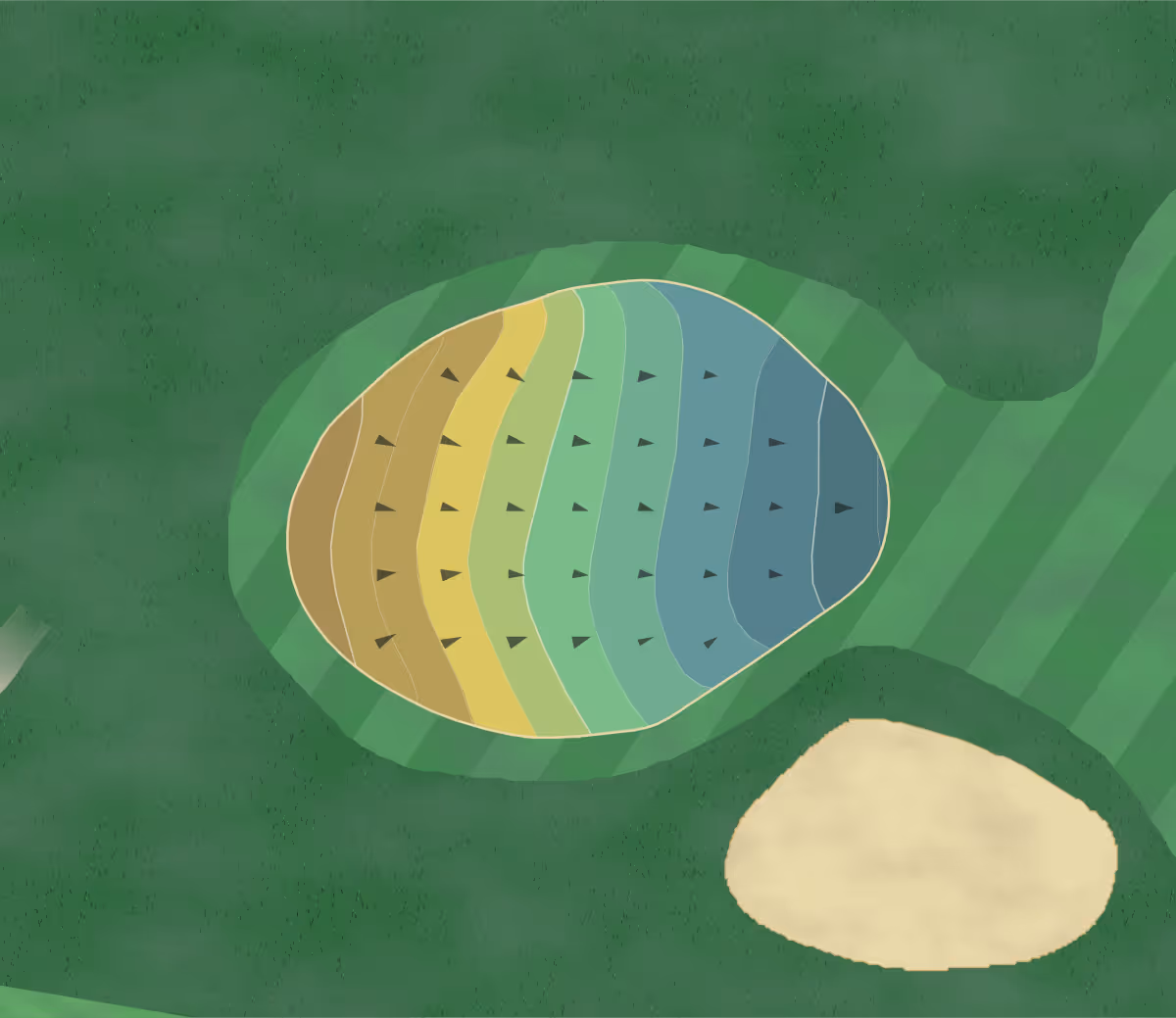 Green contour map of Sunken Gardens in Sunnyvale, California — 67 elevation contours at a 3-inch interval with fall-line arrows, traced from 1-meter lidar