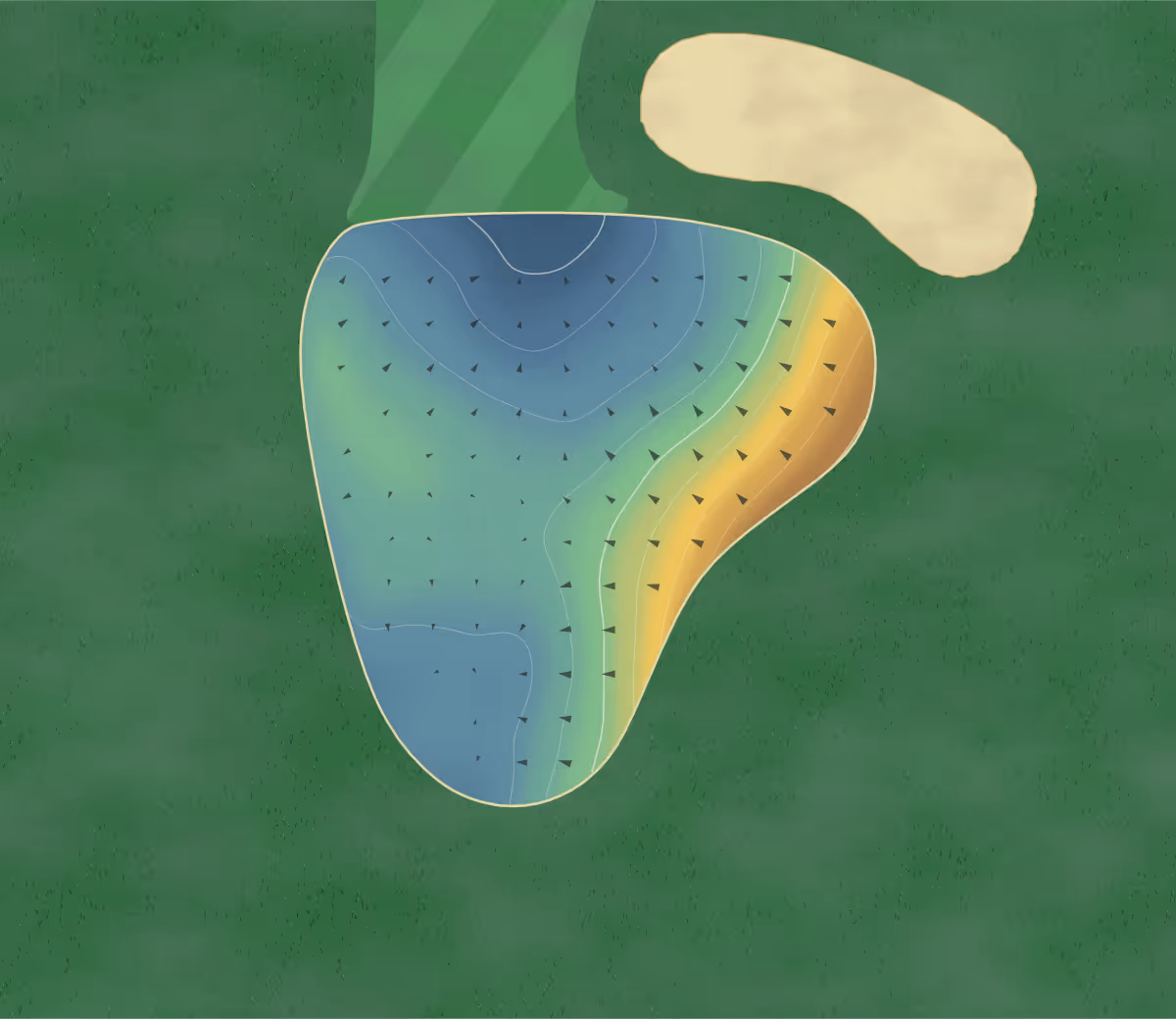 Green contour map of Sunny Slope in New Berlin, Wisconsin: 69 elevation contours at a 3-inch interval with fall-line arrows, traced from 1-meter lidar