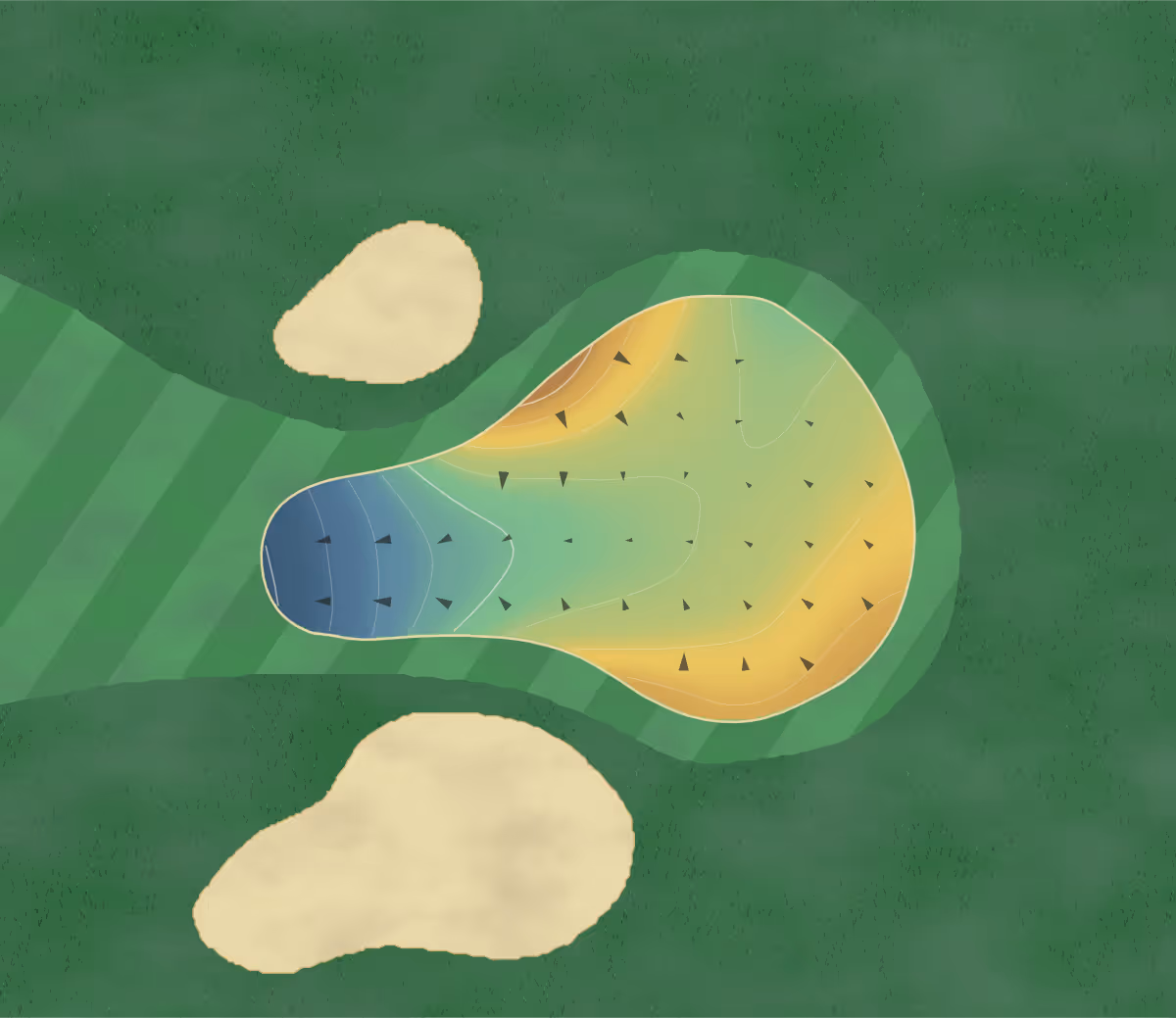 Green contour map of Sunnyside in Fresno, California — 119 elevation contours at a 3-inch interval with fall-line arrows, traced from 1-meter lidar