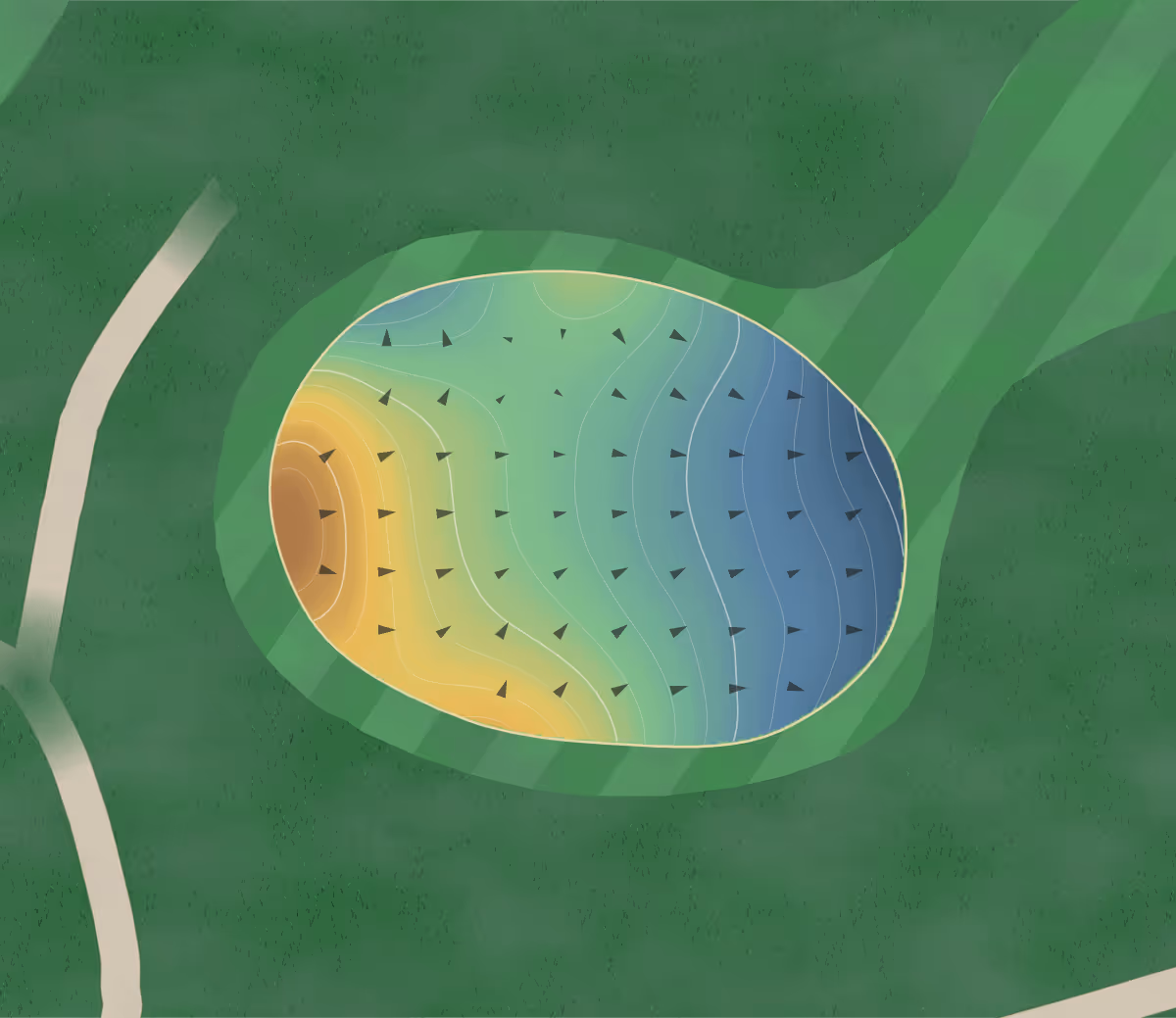 Green contour map of Sunrise in West Liberty, Iowa — 104 elevation contours at a 3-inch interval with fall-line arrows, traced from 1-meter lidar