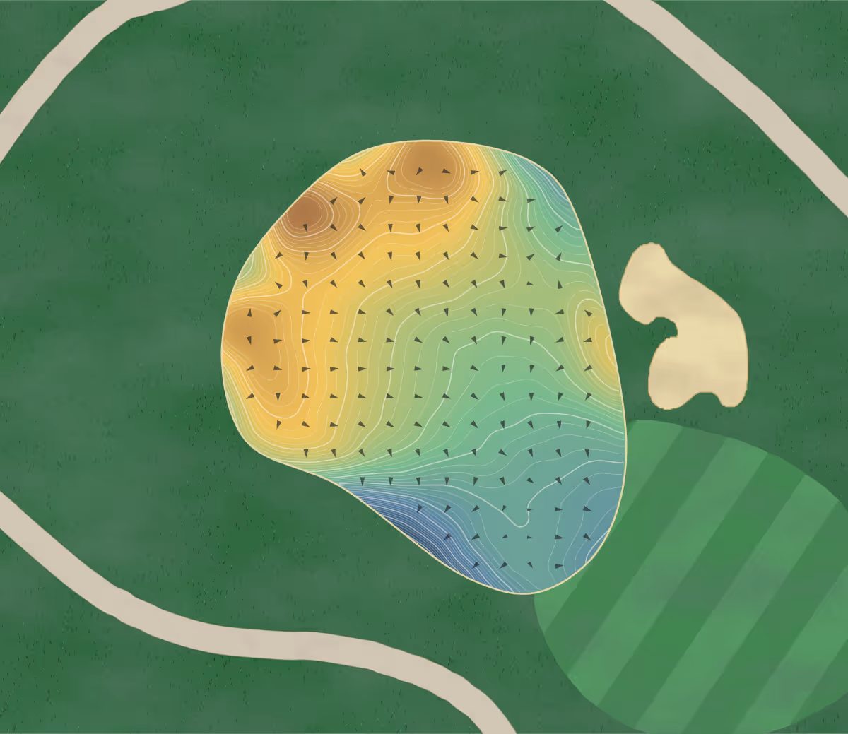 Green contour map of Sunriver Resort in Sunriver, Oregon — 669 elevation contours at a 3-inch interval with fall-line arrows, traced from 1-meter lidar