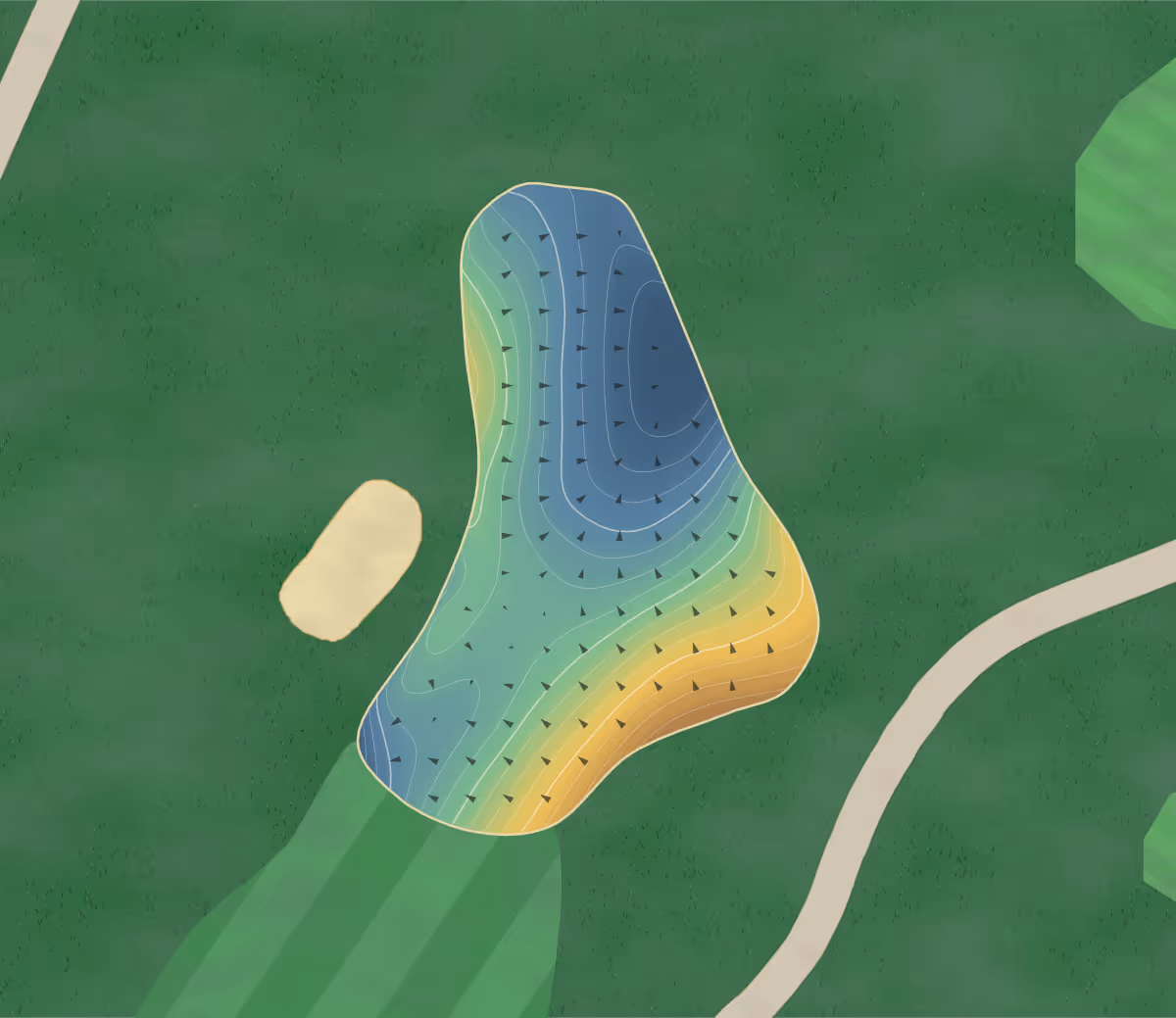 Green contour map of Sunset Ridge in Northbrook, Illinois: 119 elevation contours at a 3-inch interval with fall-line arrows, traced from 1-meter lidar