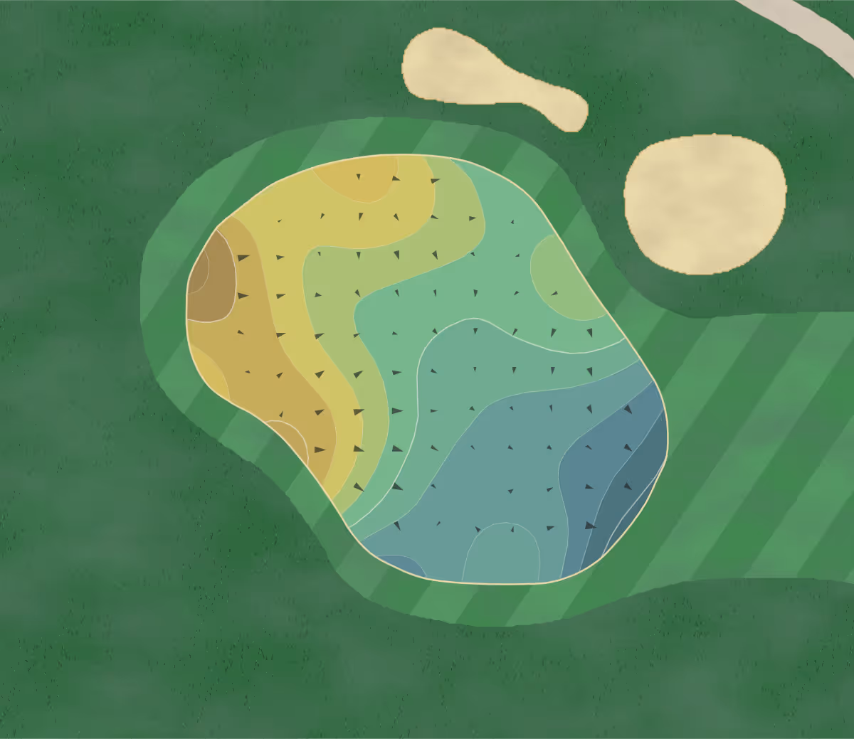 Green contour map of Suntree in Melbourne, Florida — 62 elevation contours at a 3-inch interval with fall-line arrows, traced from 1-meter lidar