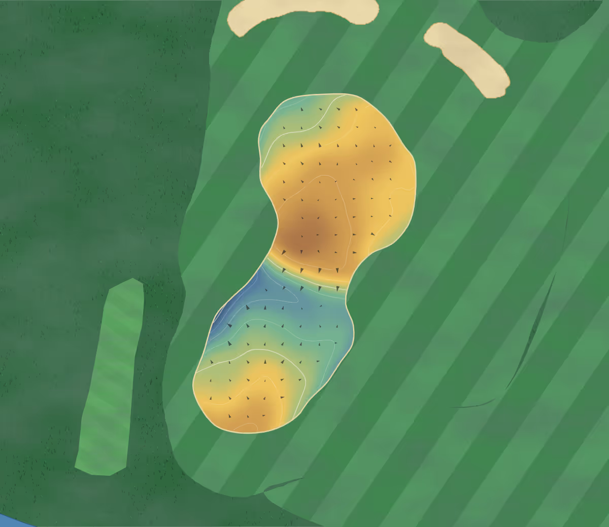 Green contour map of Superflu in Saint-Romain-le-Puy, France — 68 elevation contours at a 8-centimeter interval with fall-line arrows, traced from 1-meter lidar