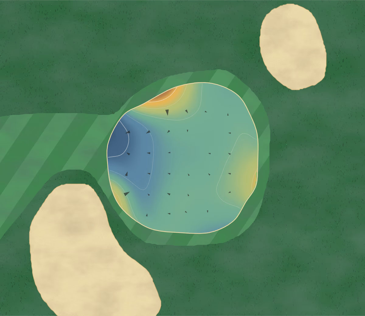 Green contour map of Superstition Springs in Mesa, Arizona: 9 elevation contours at a 3-inch interval with fall-line arrows, traced from 1-meter lidar