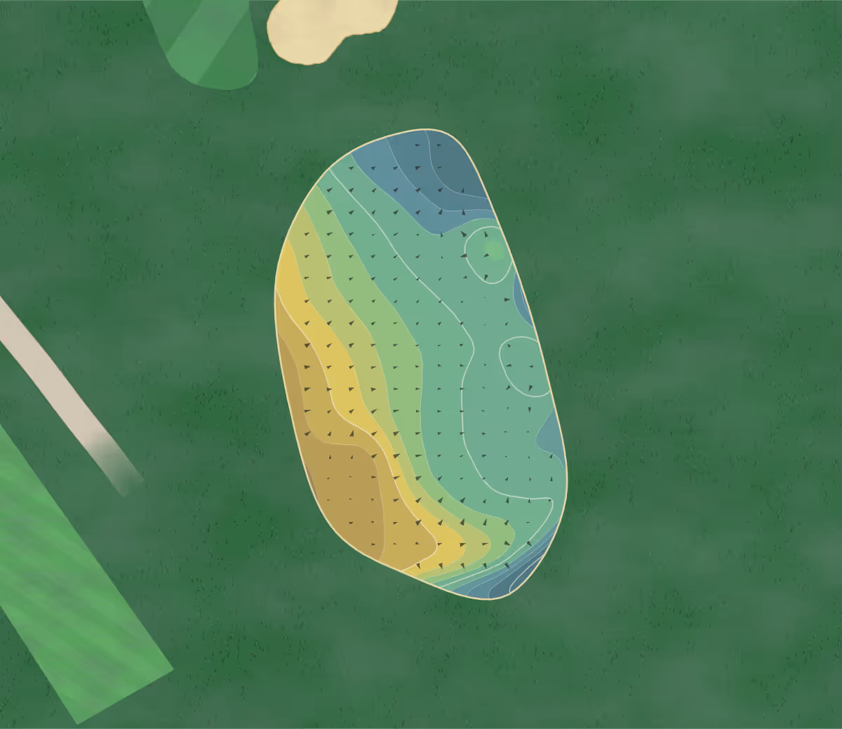 Green contour map of Surbiton GC in Chessington, England — 173 elevation contours at a 8-centimeter interval with fall-line arrows, traced from 1-meter lidar