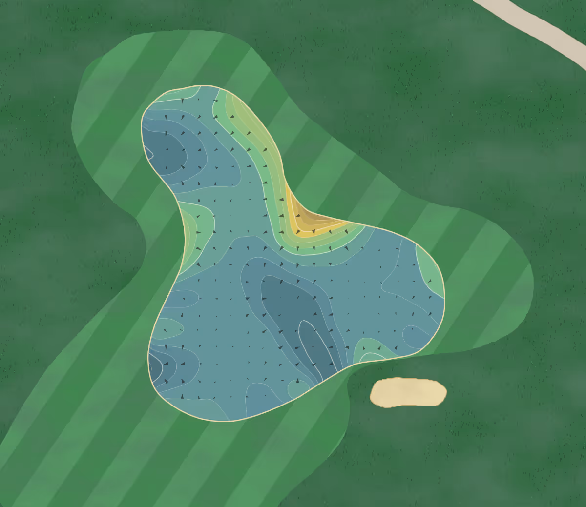 Green contour map of Sutton Bay in Agar, South Dakota — 527 elevation contours at a 3-inch interval with fall-line arrows, traced from 1-meter lidar