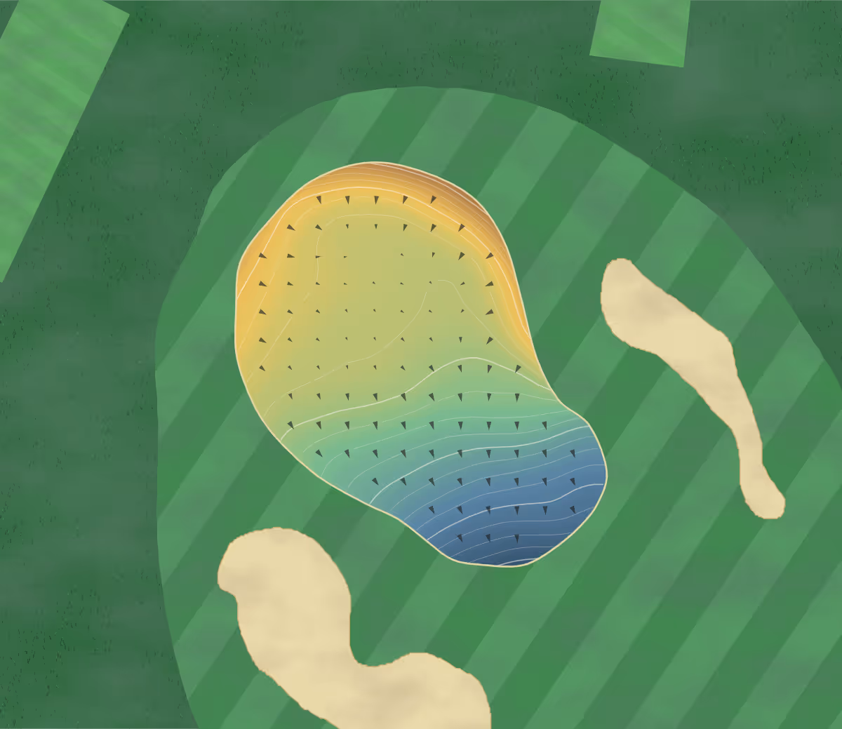Green contour map of Sutton Coldfield in Sutton Coldfield, West Midlands, England — 185 elevation contours at a 8-centimeter interval with fall-line arrows, traced from 1-meter lidar