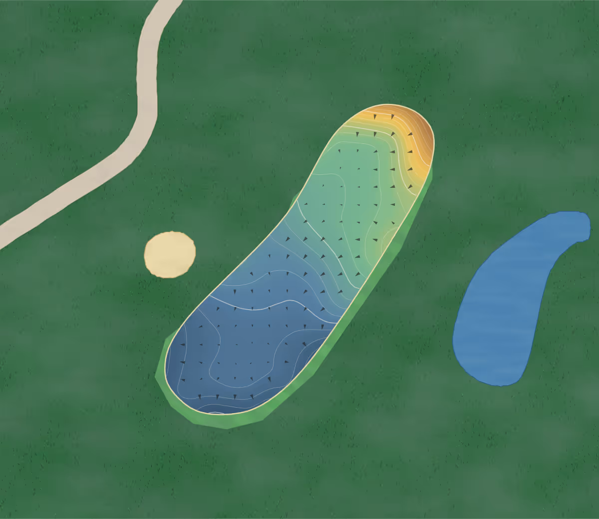 Green contour map of Sutton GC in Sutton, Ireland: 107 elevation contours at a 8-centimeter interval with fall-line arrows, traced from 1-meter lidar