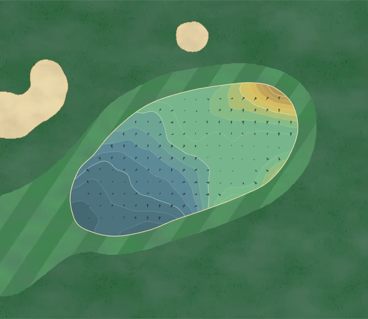 Green contour map of Swaffham GC in Swaffham, England — 182 elevation contours at a 8-centimeter interval with fall-line arrows, traced from 1-meter lidar