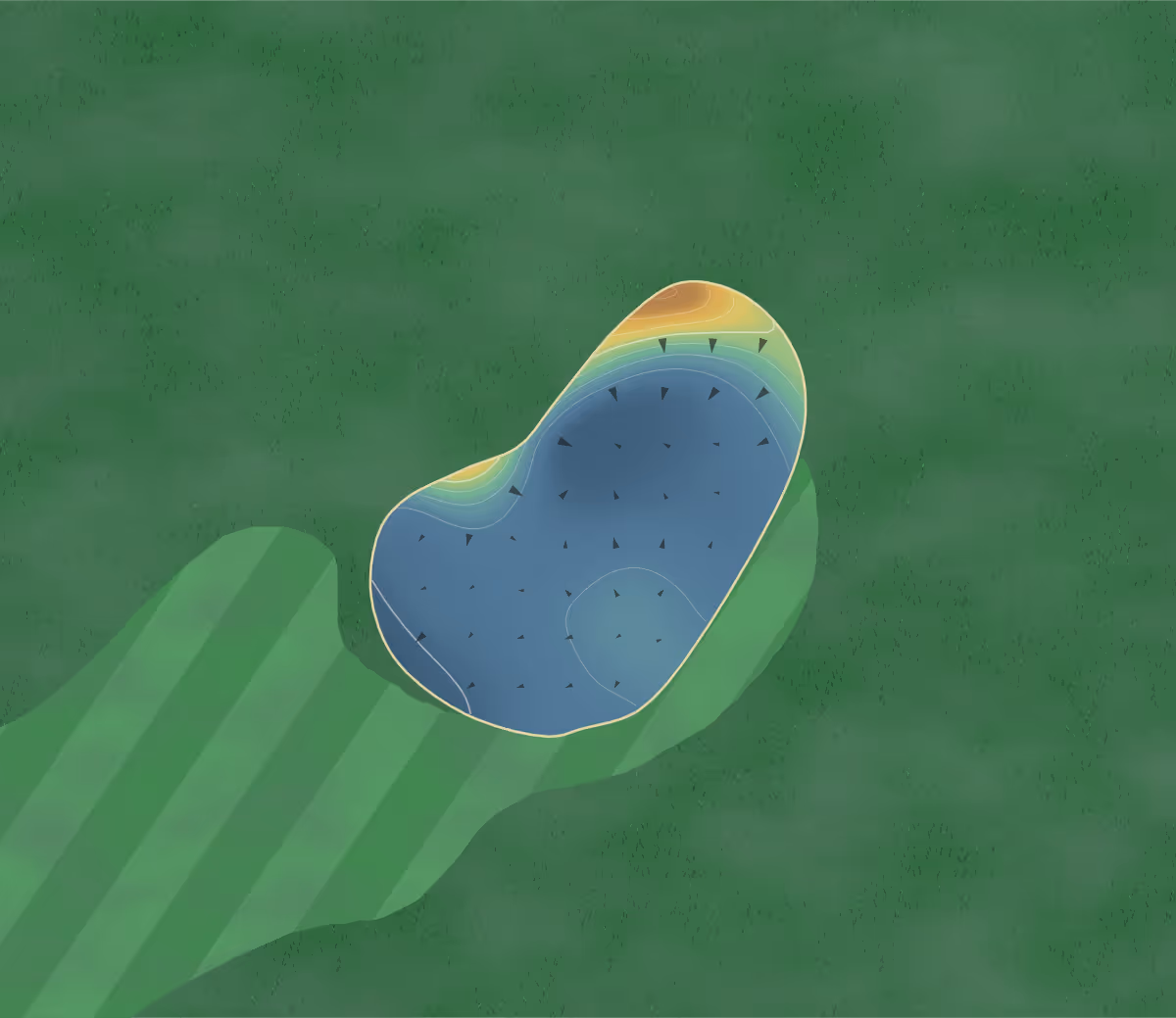 Green contour map of Swallow Hall in York, England: 128 elevation contours at a 8-centimeter interval with fall-line arrows, traced from 1-meter lidar