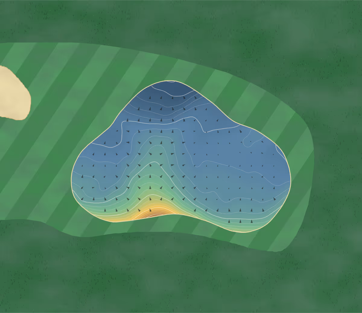 Green contour map of Swanston in Edinburgh, Scotland: 259 elevation contours at a 8-centimeter interval with fall-line arrows, traced from 1-meter lidar