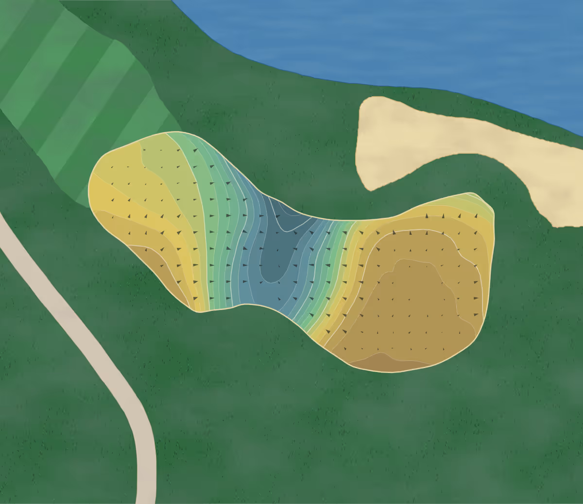 Green contour map of Sweetgrass in Harris, Michigan — 286 elevation contours at a 3-inch interval with fall-line arrows, traced from 1-meter lidar