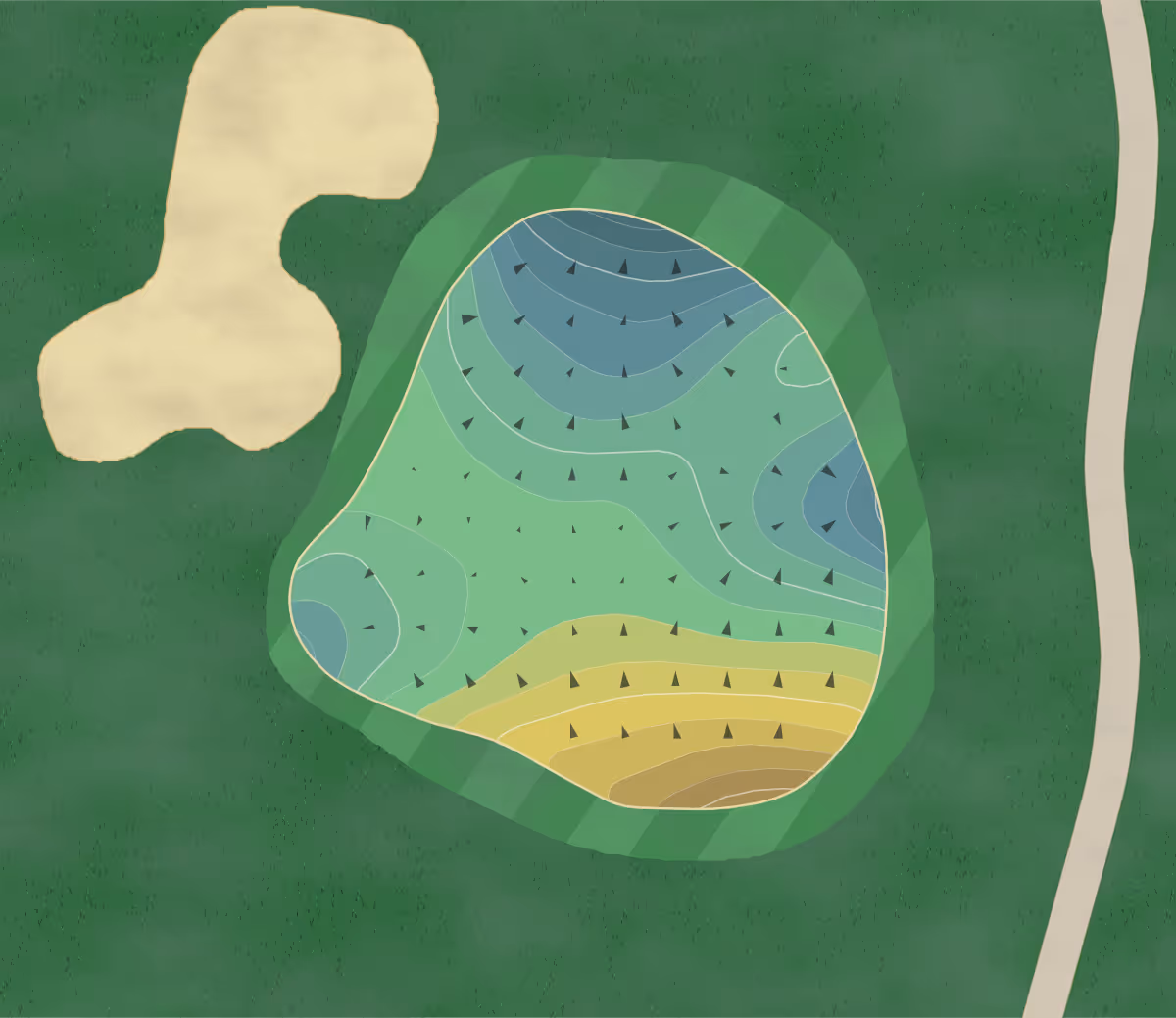 Green contour map of Sweetgum in The Villages, Florida — 107 elevation contours at a 3-inch interval with fall-line arrows, traced from 1-meter lidar