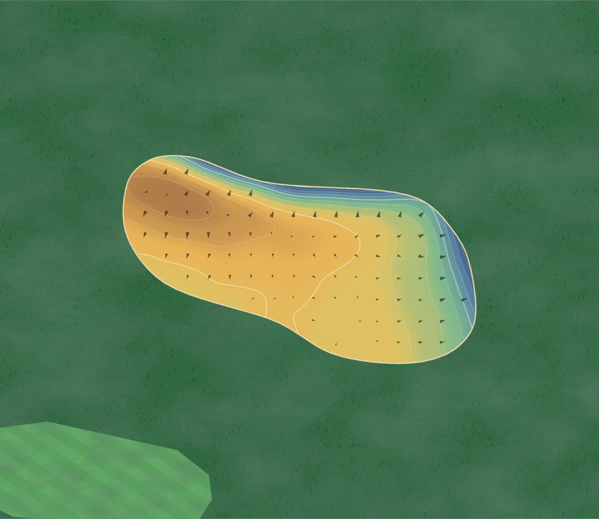 Green contour map of Swindon in Dudley, England: 168 elevation contours at a 8-centimeter interval with fall-line arrows, traced from 1-meter lidar