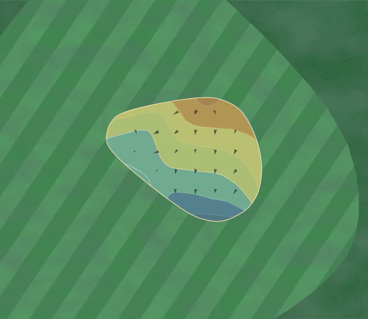 Green contour map of Swiss Golf Bubikon in Bubikon, Switzerland — 17 elevation contours at a 8-centimeter interval with fall-line arrows, traced from 1-meter lidar
