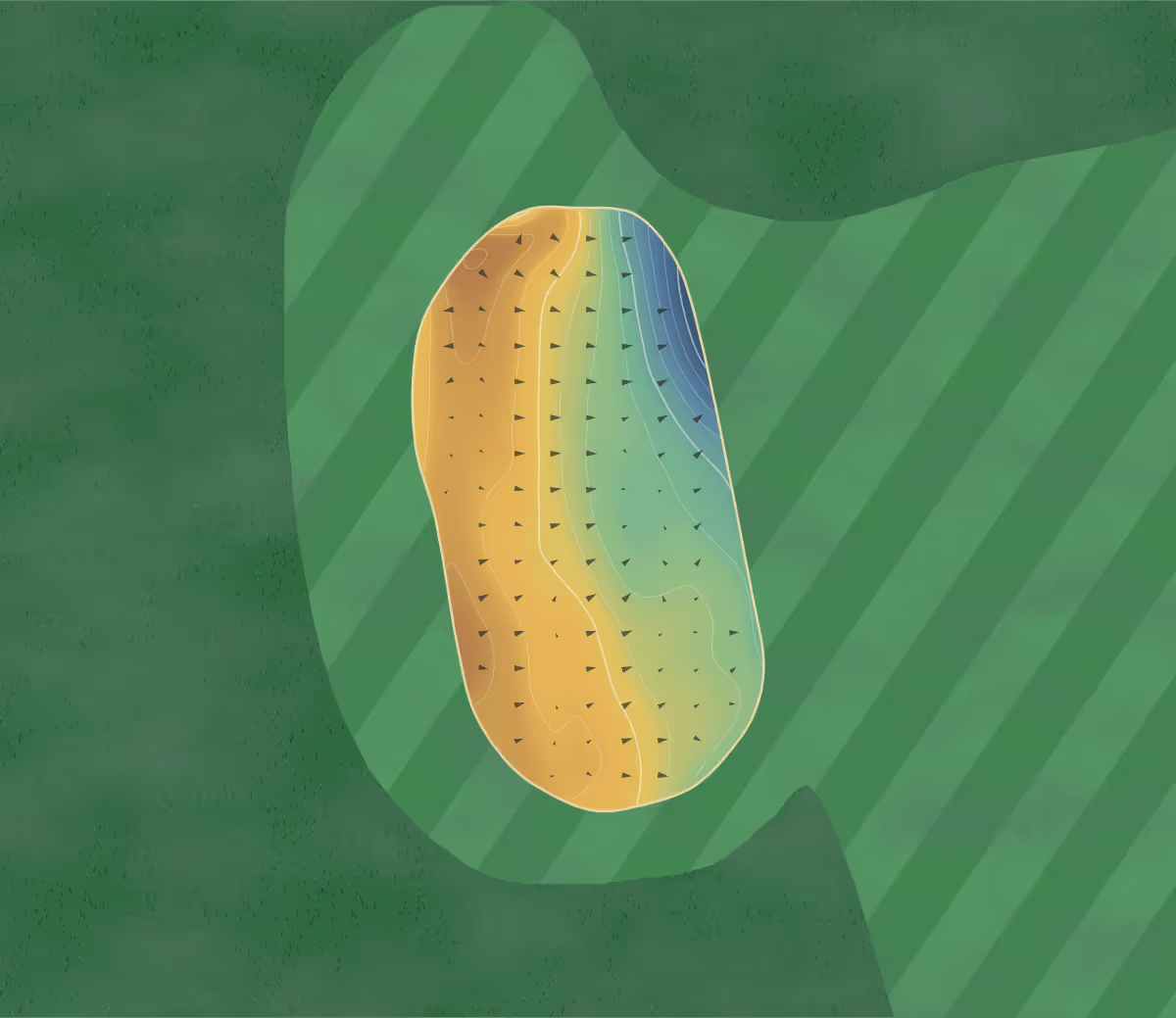Green contour map of Tadmarton Heath in Banbury, England: 138 elevation contours at a 8-centimeter interval with fall-line arrows, traced from 1-meter lidar