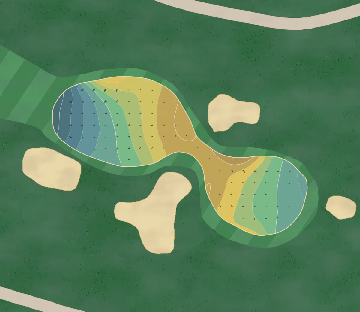 Green contour map of Tahquitz Creek in Palm Springs, California — 203 elevation contours at a 3-inch interval with fall-line arrows, traced from 1-meter lidar