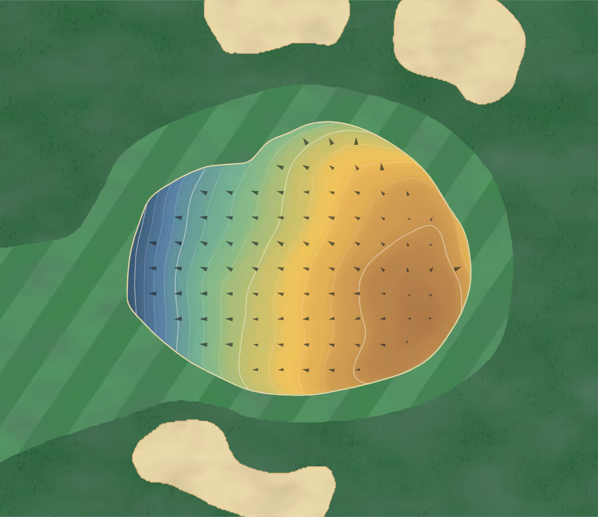 Green contour map of Tai Tapu in Tai Tapu, New Zealand — 37 elevation contours at a 8-centimeter interval with fall-line arrows, traced from 1-meter lidar