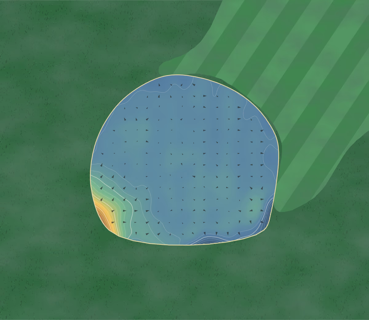 Green contour map of Tain in Tain, Scotland: 213 elevation contours at a 8-centimeter interval with fall-line arrows, traced from 1-meter lidar