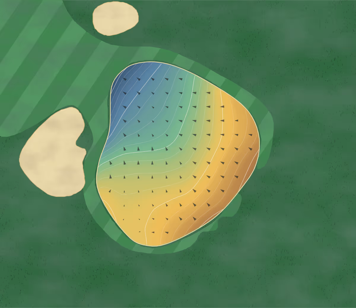 Green contour map of Taka Golf in Ota, Japan: 221 elevation contours at a 8-centimeter interval with fall-line arrows, traced from 1-meter lidar