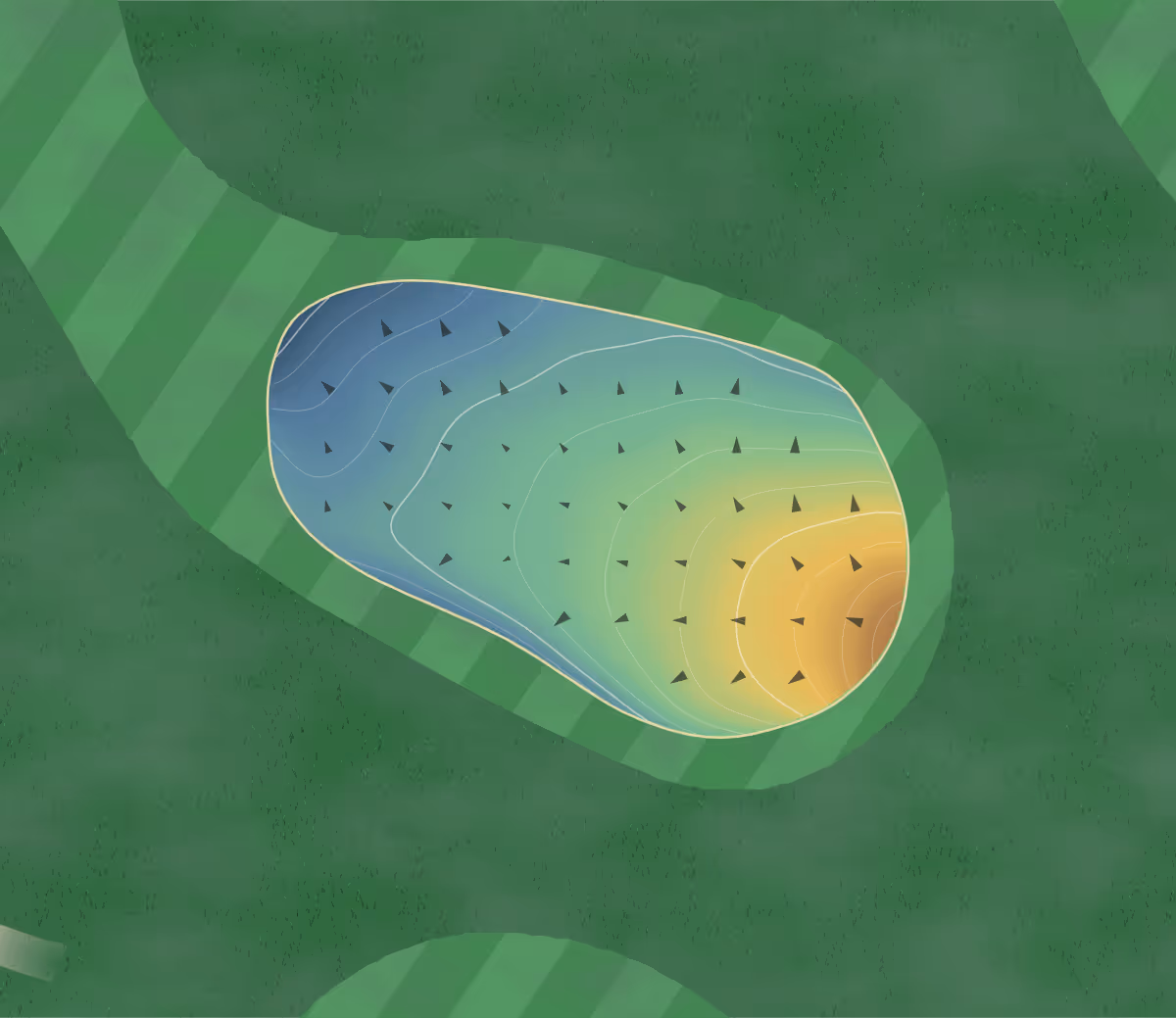 Green contour map of Ōtaki in Ōtaki, New Zealand — 152 elevation contours at a 8-centimeter interval with fall-line arrows, traced from 1-meter lidar