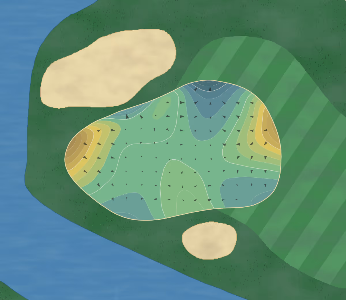 Green contour map of Talamore CC in Ambler, Pennsylvania — 263 elevation contours at a 3-inch interval with fall-line arrows, traced from 1-meter lidar