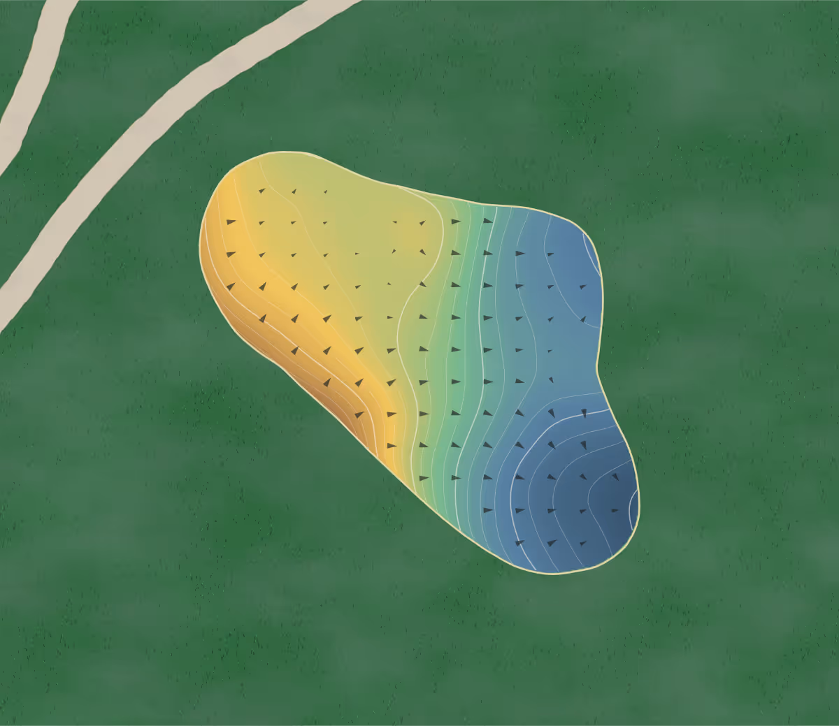 Green contour map of Talons of Tuscany in օnawa, Iowa — 201 elevation contours at a 3-inch interval with fall-line arrows, traced from 1-meter lidar