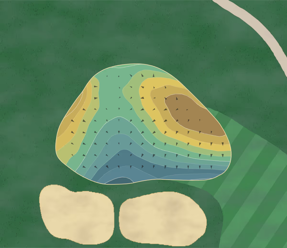 Green contour map of Tam O in West Bloomfield, Michigan — 254 elevation contours at a 3-inch interval with fall-line arrows, traced from 1-meter lidar