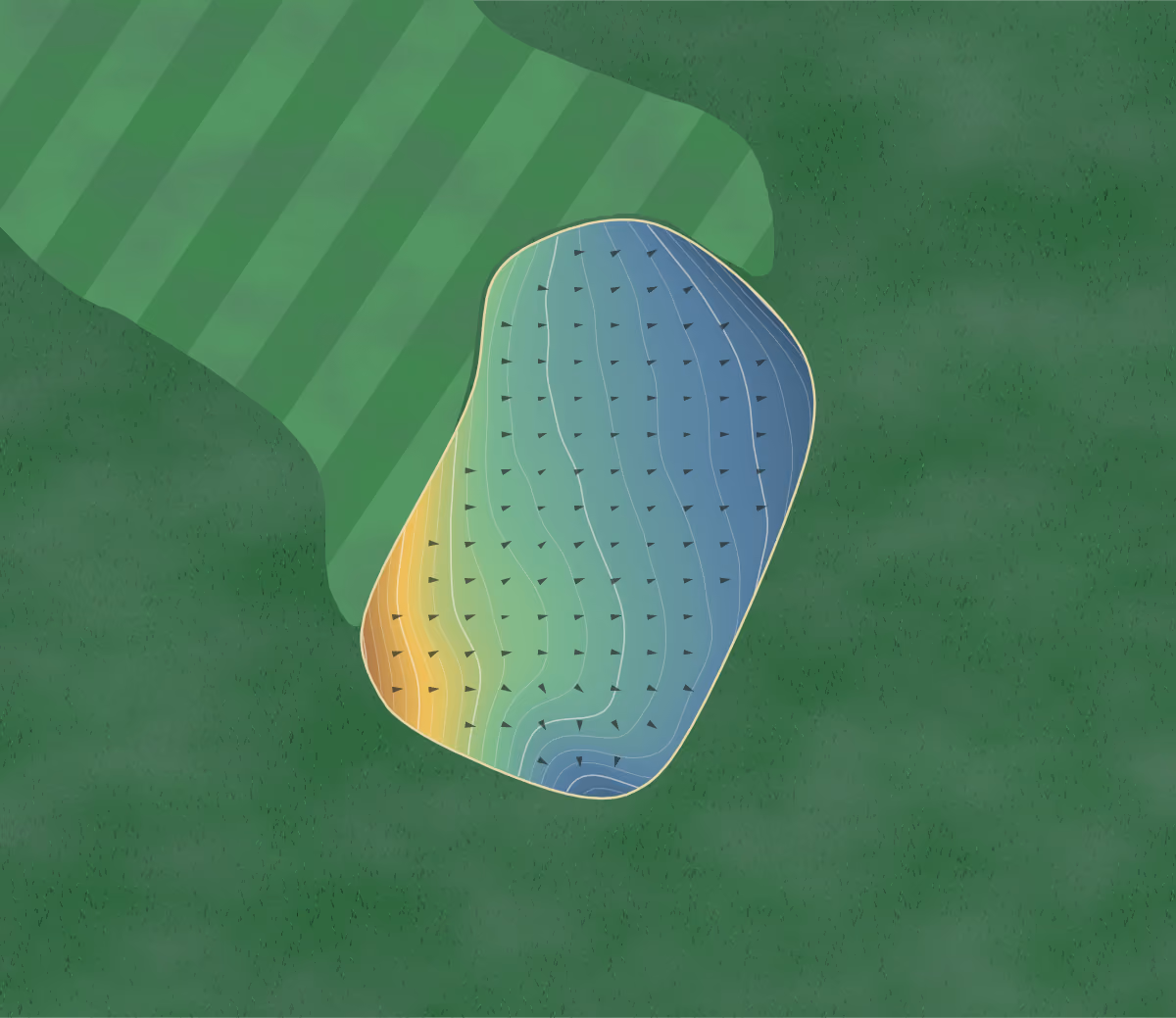 Green contour map of Tandragee in Tandragee, Northern Ireland: 48 elevation contours at a 8-centimeter interval with fall-line arrows, traced from 1-meter lidar