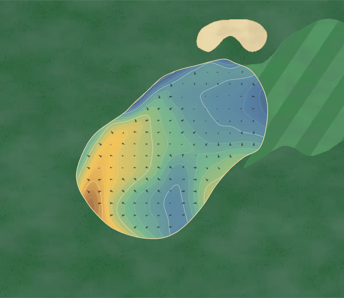 Green contour map of Tangle Creek in Barrie, Canada — 266 elevation contours at a 8-centimeter interval with fall-line arrows, traced from 1-meter lidar