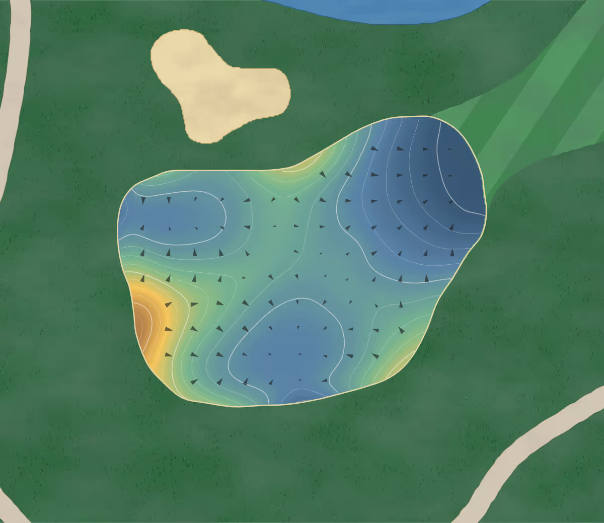 Green contour map of Tanglewood in Fulton, Missouri — 246 elevation contours at a 3-inch interval with fall-line arrows, traced from 1-meter lidar