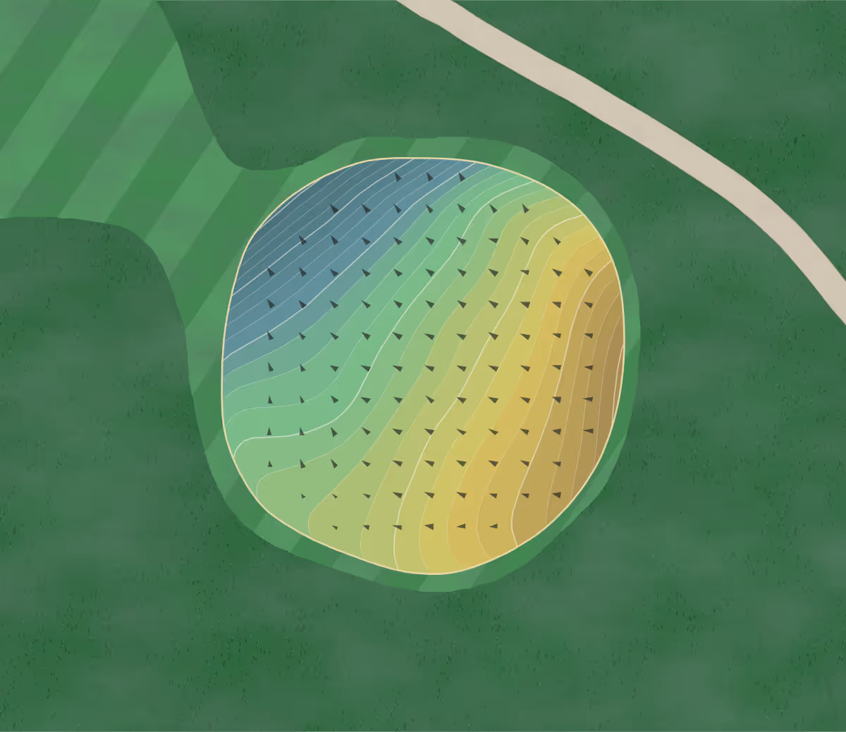 Green contour map of Tanglewood Greens in Menomonie, Wisconsin — 270 elevation contours at a 3-inch interval with fall-line arrows, traced from 1-meter lidar