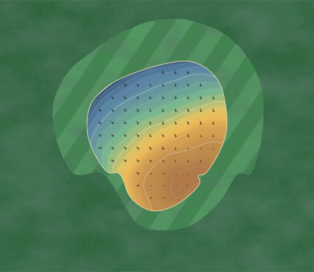 Green contour map of Targhee Village in Driggs, Idaho: 106 elevation contours at a 3-inch interval with fall-line arrows, traced from 1-meter lidar